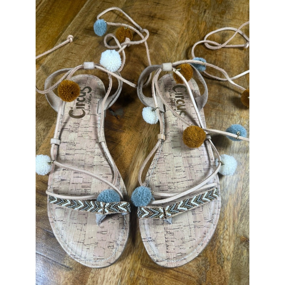 Circus Sam Edelman Valencia Sandals 8.5 Pom Pom Beaded Lace Up Boho Flats